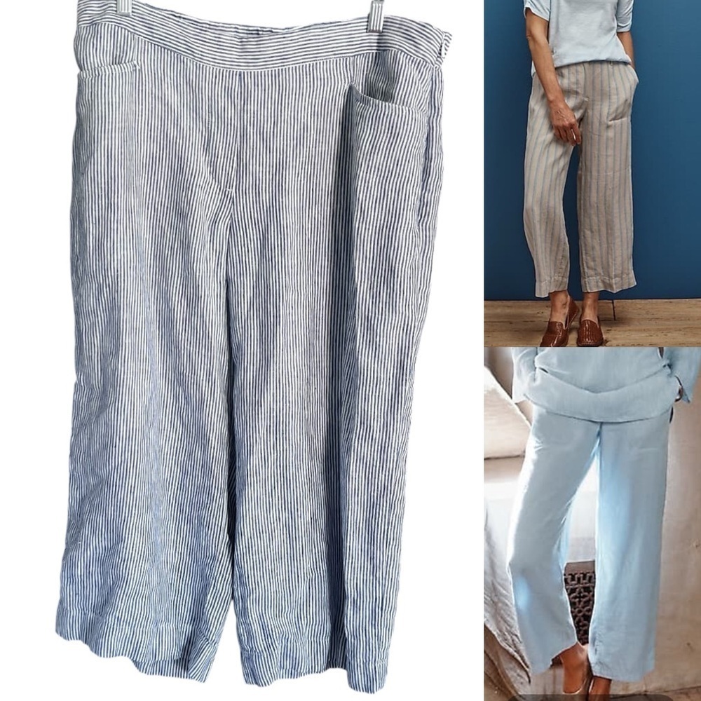 J Jill Love Linen Coastal Stripe Crop Pants in Blue White Size Large